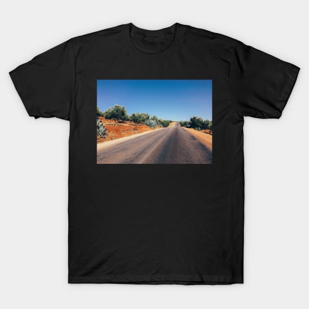 Empty Road in Moroccan Olive Tree Territory T-Shirt by visualspectrum